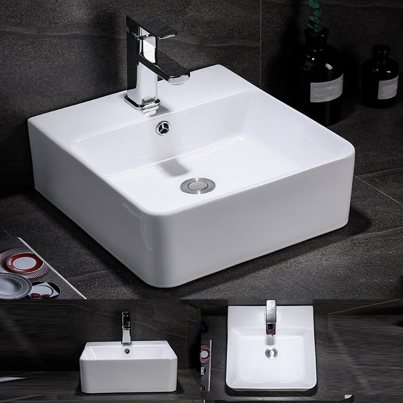 Contemporary Vessel Bathroom Sink Rectangular White Ceramic Overflow Drain Assembly Sink 18"L x 17"W x 6"H Sink with Faucet Clearhalo 'Bathroom Remodel & Bathroom Fixtures' 'Bathroom Sinks & Faucet Components' 'Bathroom Sinks' 'bathroom_sink' 'Home Improvement' 'home_improvement' 'home_improvement_bathroom_sink' 7274547