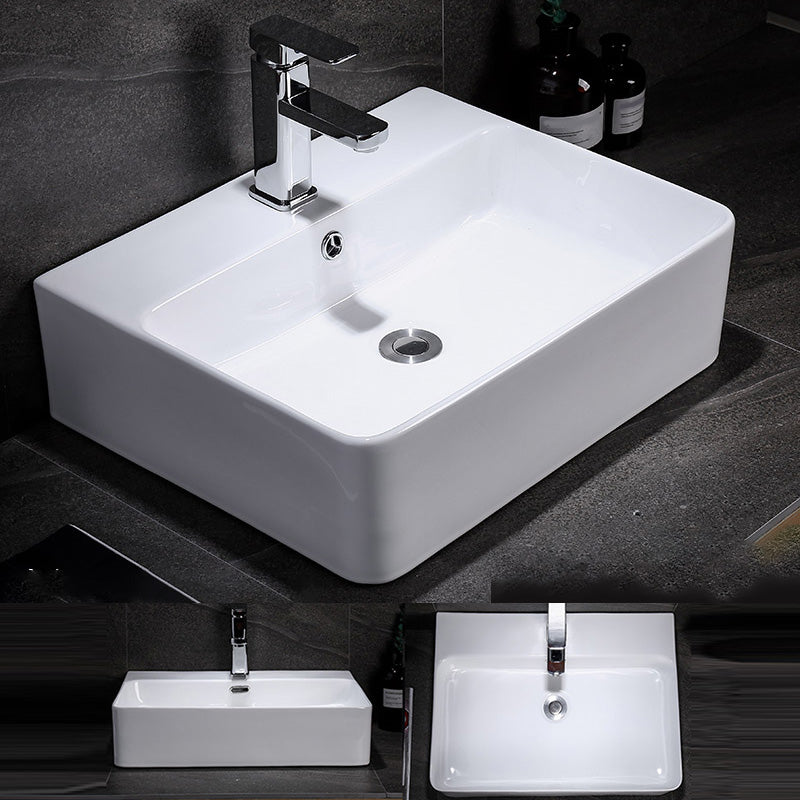 Contemporary Vessel Bathroom Sink Rectangular White Ceramic Overflow Drain Assembly Sink 20"L x 17"W x 6"H Sink with Faucet Clearhalo 'Bathroom Remodel & Bathroom Fixtures' 'Bathroom Sinks & Faucet Components' 'Bathroom Sinks' 'bathroom_sink' 'Home Improvement' 'home_improvement' 'home_improvement_bathroom_sink' 7274548