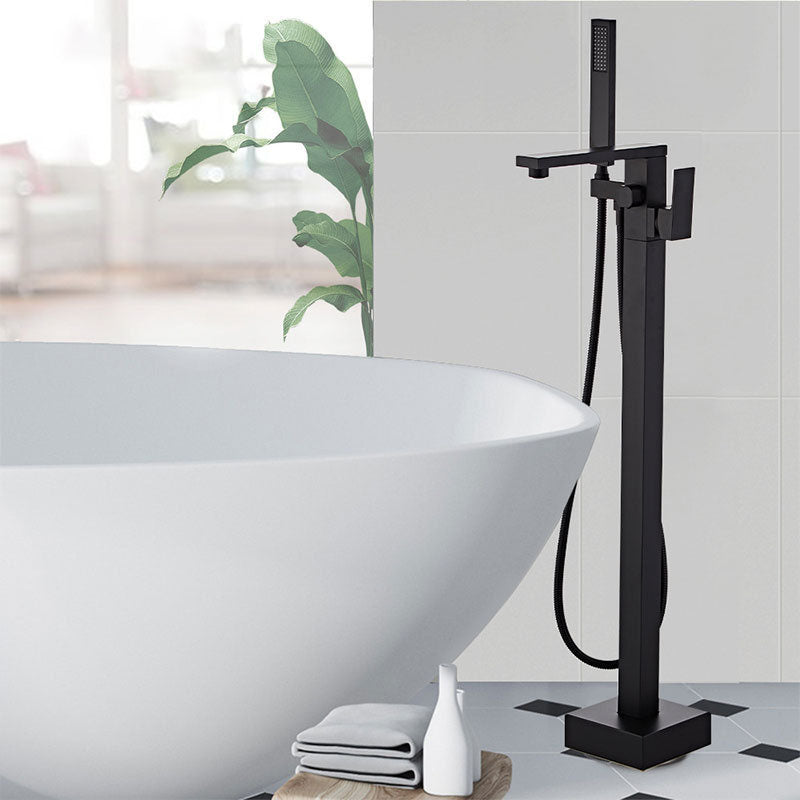 Modern Free Standing Faucet Rod Handle Handheld Shower Head Bathtub Faucet Black Clearhalo 'Bathroom Remodel & Bathroom Fixtures' 'Bathtub Faucets' 'bathtub_faucets' 'Home Improvement' 'home_improvement' 'home_improvement_bathtub_faucets' 7274765