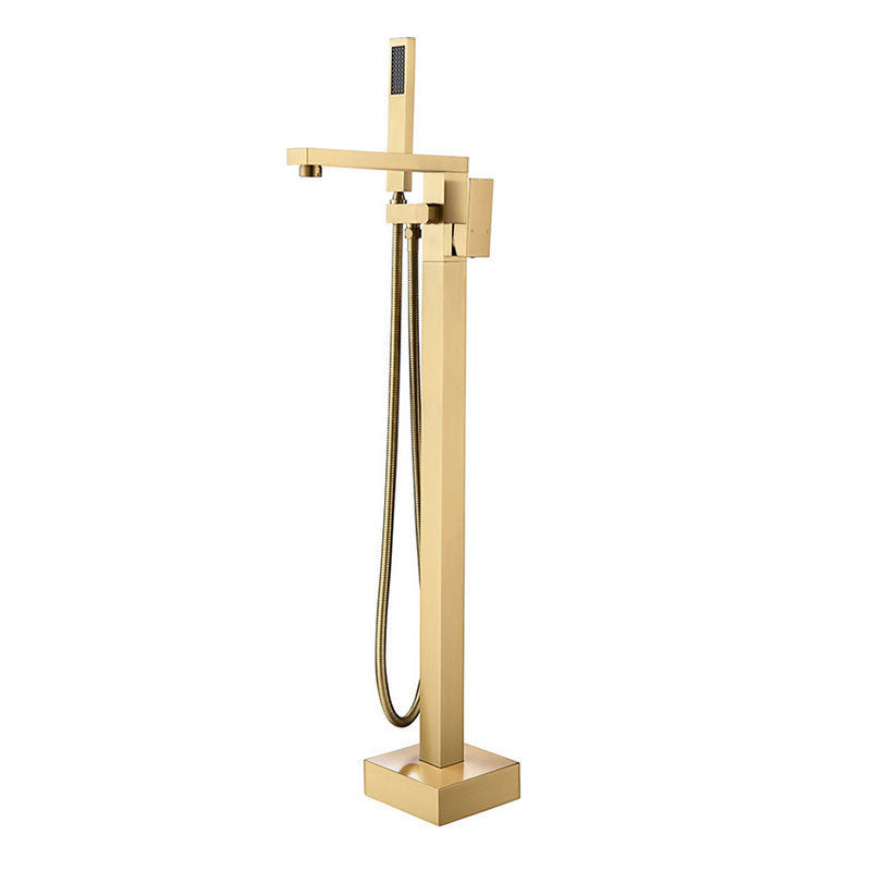 Modern Free Standing Faucet Rod Handle Handheld Shower Head Bathtub Faucet Gold Clearhalo 'Bathroom Remodel & Bathroom Fixtures' 'Bathtub Faucets' 'bathtub_faucets' 'Home Improvement' 'home_improvement' 'home_improvement_bathtub_faucets' 7274766
