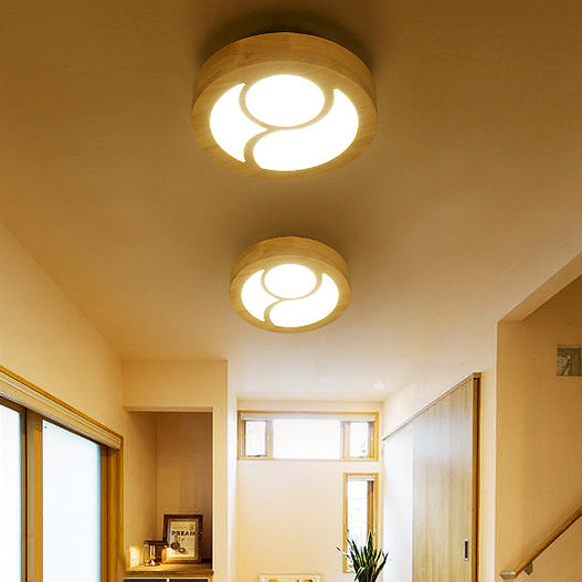 Drum Shape LED Flush Ceiling Light Japanese Style Wooden Ceiling Lamp in Beige for Hallway Porch Clearhalo 'Ceiling Lights' 'Close To Ceiling Lights' 'Close to ceiling' 'Semi-flushmount' Lighting' 72762
