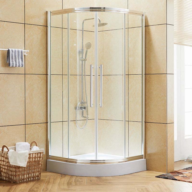 Rounded Framed Shower Enclosure Tempered Glass Double Sliding Shower Kit Bottom Basin Clear Glass Clearhalo 'Bathroom Remodel & Bathroom Fixtures' 'Home Improvement' 'home_improvement' 'home_improvement_shower_stalls_enclosures' 'Shower Stalls & Enclosures' 'shower_stalls_enclosures' 'Showers & Bathtubs' 7276360