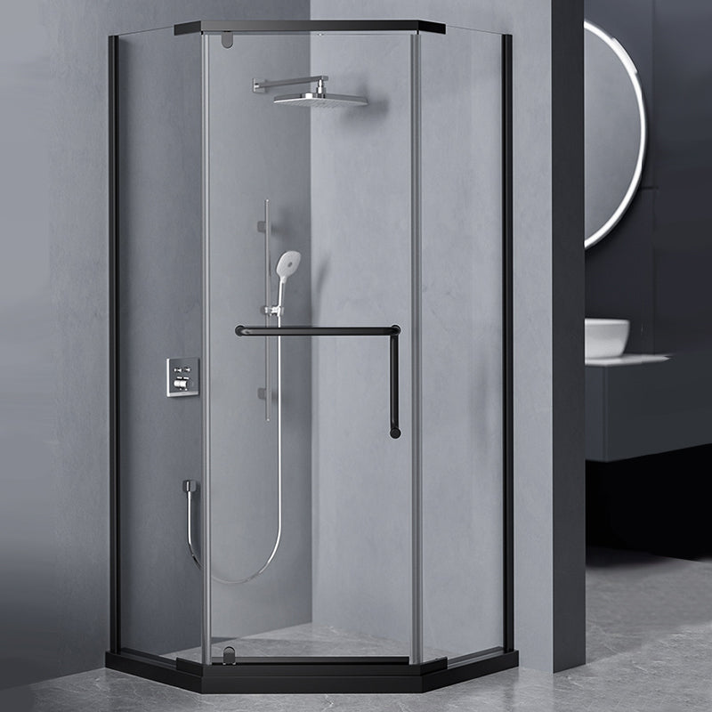 Black and Silver Neo-Angle Shower Enclosure Tempered Glass Shower Enclosure Clearhalo 'Bathroom Remodel & Bathroom Fixtures' 'Home Improvement' 'home_improvement' 'home_improvement_shower_stalls_enclosures' 'Shower Stalls & Enclosures' 'shower_stalls_enclosures' 'Showers & Bathtubs' 7276414