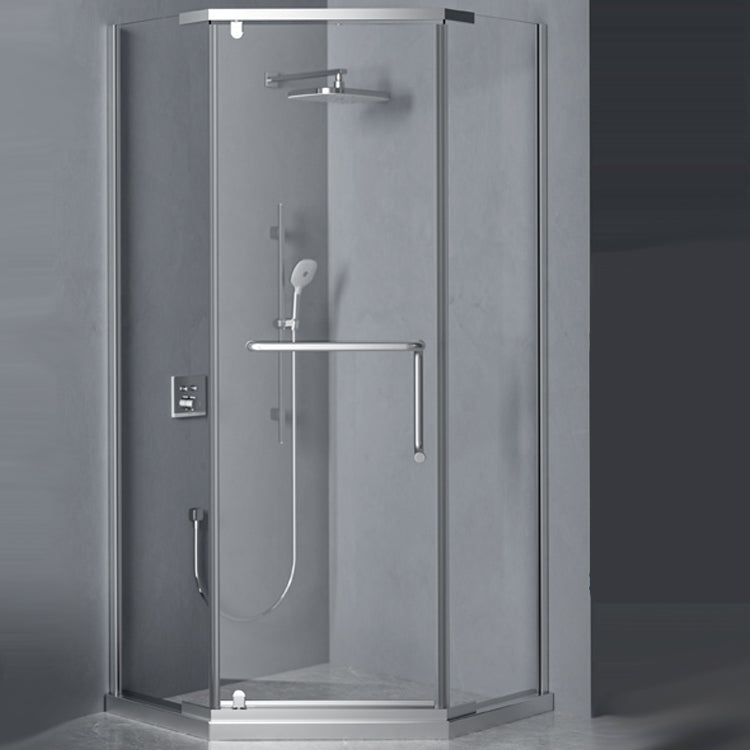 Black and Silver Neo-Angle Shower Enclosure Tempered Glass Shower Enclosure Clearhalo 'Bathroom Remodel & Bathroom Fixtures' 'Home Improvement' 'home_improvement' 'home_improvement_shower_stalls_enclosures' 'Shower Stalls & Enclosures' 'shower_stalls_enclosures' 'Showers & Bathtubs' 7276416
