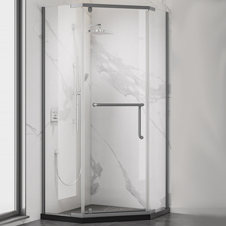 Black and Silver Neo-Angle Shower Enclosure Tempered Glass Shower Enclosure Clearhalo 'Bathroom Remodel & Bathroom Fixtures' 'Home Improvement' 'home_improvement' 'home_improvement_shower_stalls_enclosures' 'Shower Stalls & Enclosures' 'shower_stalls_enclosures' 'Showers & Bathtubs' 7276418