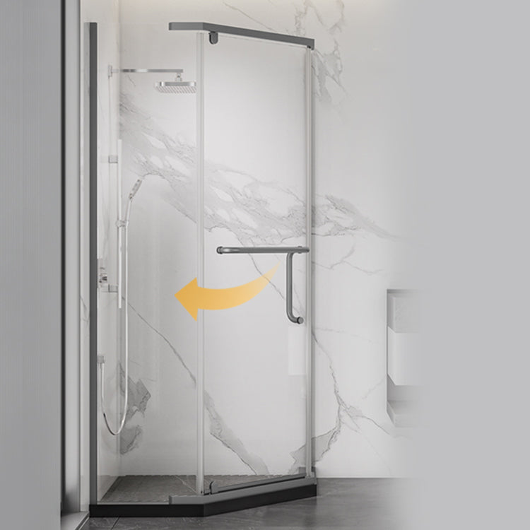 Black and Silver Neo-Angle Shower Enclosure Tempered Glass Shower Enclosure Clearhalo 'Bathroom Remodel & Bathroom Fixtures' 'Home Improvement' 'home_improvement' 'home_improvement_shower_stalls_enclosures' 'Shower Stalls & Enclosures' 'shower_stalls_enclosures' 'Showers & Bathtubs' 7276420