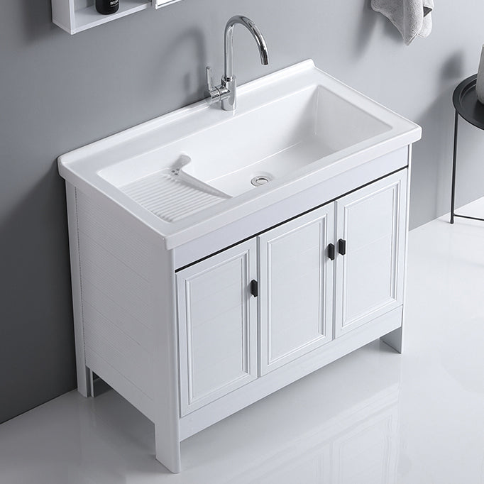 Rectangular White Vanity Freestanding Mirror Metal Frame Vanity with Soft Close Doors Clearhalo 'Bathroom Remodel & Bathroom Fixtures' 'Bathroom Vanities' 'bathroom_vanities' 'Home Improvement' 'home_improvement' 'home_improvement_bathroom_vanities' 7276588