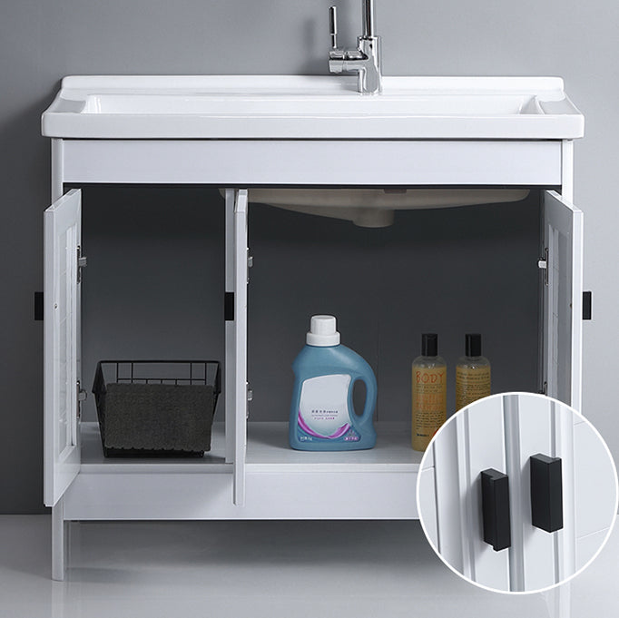 Rectangular White Vanity Freestanding Mirror Metal Frame Vanity with Soft Close Doors Clearhalo 'Bathroom Remodel & Bathroom Fixtures' 'Bathroom Vanities' 'bathroom_vanities' 'Home Improvement' 'home_improvement' 'home_improvement_bathroom_vanities' 7276595