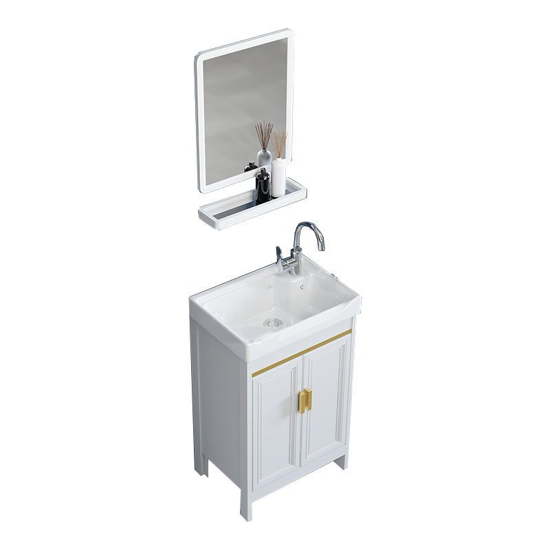 Freestanding Vanity Single Sink Metal Frame Rectangular White Mirror Vanity with Doors Vanity & Faucet & Mirrors 20"L x 14"W x 32"H Clearhalo 'Bathroom Remodel & Bathroom Fixtures' 'Bathroom Vanities' 'bathroom_vanities' 'Home Improvement' 'home_improvement' 'home_improvement_bathroom_vanities' 7276714