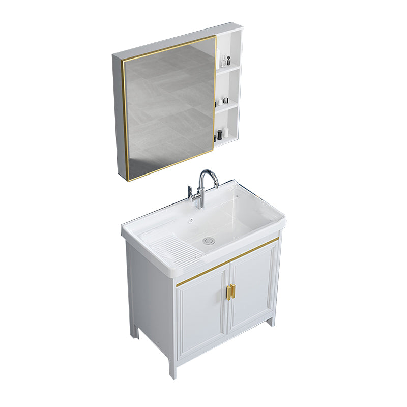 Freestanding Vanity Single Sink Metal Frame Rectangular White Mirror Vanity with Doors Vanity & Faucet & Mirror Cabinet Clearhalo 'Bathroom Remodel & Bathroom Fixtures' 'Bathroom Vanities' 'bathroom_vanities' 'Home Improvement' 'home_improvement' 'home_improvement_bathroom_vanities' 7276721