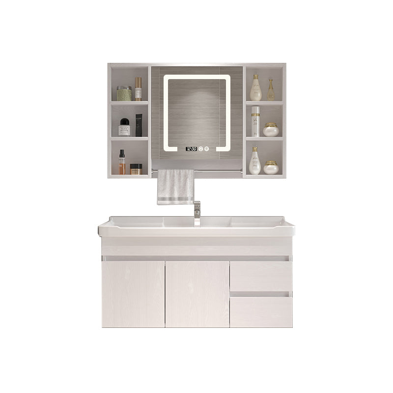 Wall Mounted Vanity White Wood Frame Rectangular 2 Doors Single Sink Vanity with Mirror Vanity & Faucet & Smart Medicine Cabinet 39.8"L x 18.5"W x 18.9"H Towel Bar Included Clearhalo 'Bathroom Remodel & Bathroom Fixtures' 'Bathroom Vanities' 'bathroom_vanities' 'Home Improvement' 'home_improvement' 'home_improvement_bathroom_vanities' 7276772