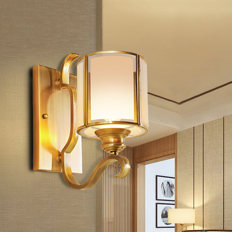 Translucent Glass Cylinder Sconce Lighting Vintage 1/2-Light Corner Wall Lamp Fixture in Gold with Curved Arm 1.0 Gold Clearhalo 'Wall Lamps & Sconces' 'Wall Lights' Lighting' 727788
