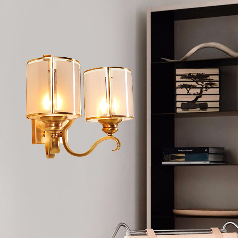 Translucent Glass Cylinder Sconce Lighting Vintage 1/2-Light Corner Wall Lamp Fixture in Gold with Curved Arm 2.0 Gold Clearhalo 'Wall Lamps & Sconces' 'Wall Lights' Lighting' 727793