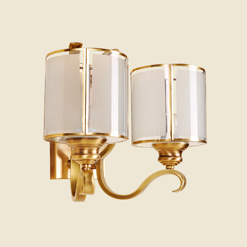 Translucent Glass Cylinder Sconce Lighting Vintage 1/2-Light Corner Wall Lamp Fixture in Gold with Curved Arm Clearhalo 'Wall Lamps & Sconces' 'Wall Lights' Lighting' 727796