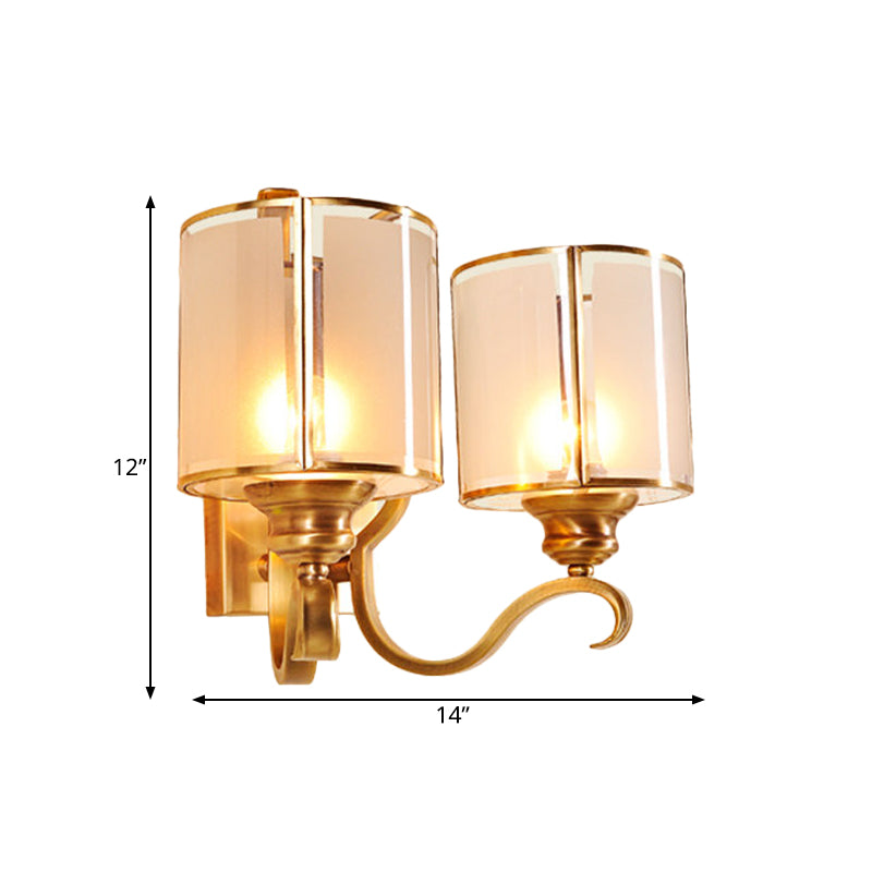 Translucent Glass Cylinder Sconce Lighting Vintage 1/2-Light Corner Wall Lamp Fixture in Gold with Curved Arm Clearhalo 'Wall Lamps & Sconces' 'Wall Lights' Lighting' 727797