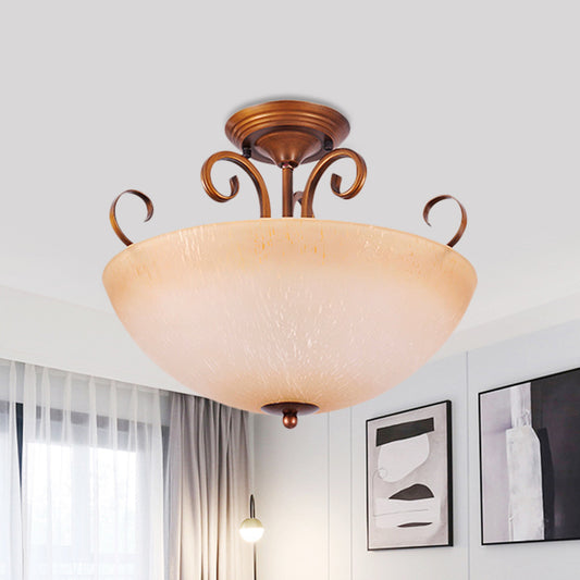 Beige Glass Bowl/Bell Semi Mount Lighting Country Style 3-Light Living Room Ceiling Light Fixture Beige A Clearhalo 'Ceiling Lights' 'Chandeliers' 'Close To Ceiling Lights' 'Close to ceiling' 'Glass shade' 'Glass' 'Pendant Lights' 'Semi-flushmount' Lighting' 727903