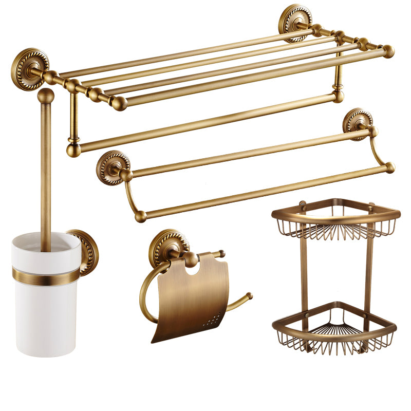 Traditional Bathroom Hardware Set Gold Metal Bathroom Accessory Kit 5-Piece Set(Double Deck Shelves) Clearhalo 'Bathroom Hardware Sets' 'Bathroom Hardware' 'Bathroom Remodel & Bathroom Fixtures' 'bathroom_hardware_sets' 'Home Improvement' 'home_improvement' 'home_improvement_bathroom_hardware_sets' 7279101