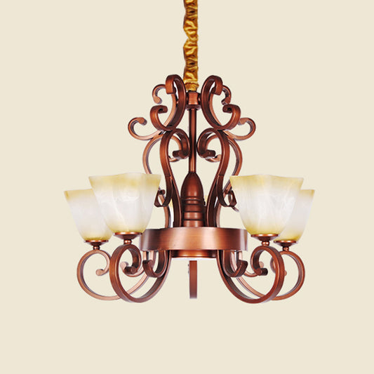 6/9-Head Pendant Chandelier Rustic Trapezoid Beige Glass Hanging Ceiling Light with Swooping Arm in Brass Clearhalo 'Ceiling Lights' 'Chandeliers' Lighting' options 727916
