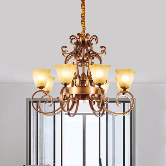 6/9-Head Pendant Chandelier Rustic Trapezoid Beige Glass Hanging Ceiling Light with Swooping Arm in Brass Clearhalo 'Ceiling Lights' 'Chandeliers' Lighting' options 727918