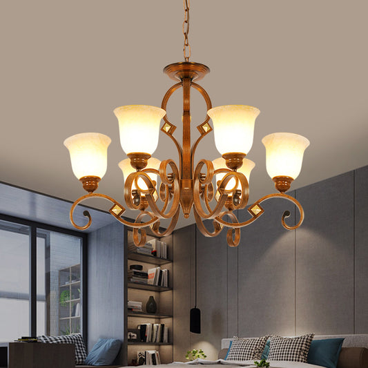 Curved Arm Bedroom Ceiling Chandelier Rural Metal 6 Bulbs Brown Hanging Fixture with Bell Opal Glass Shade Clearhalo 'Ceiling Lights' 'Chandeliers' Lighting' options 727924