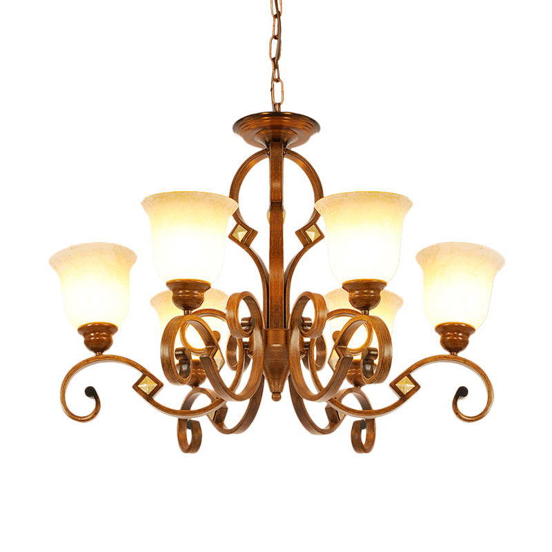 Curved Arm Bedroom Ceiling Chandelier Rural Metal 6 Bulbs Brown Hanging Fixture with Bell Opal Glass Shade Clearhalo 'Ceiling Lights' 'Chandeliers' Lighting' options 727926