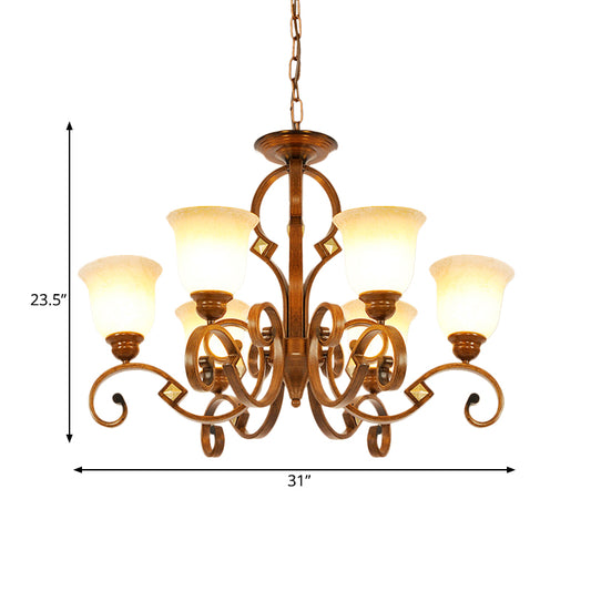 Curved Arm Bedroom Ceiling Chandelier Rural Metal 6 Bulbs Brown Hanging Fixture with Bell Opal Glass Shade Clearhalo 'Ceiling Lights' 'Chandeliers' Lighting' options 727927