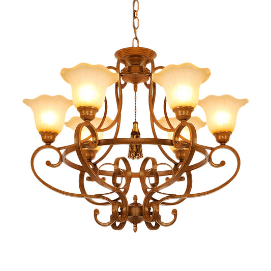 Brown 6 Lights Hanging Chandelier Traditional Frosted Glass Flared Pendant Lighting Fixture with Curvy Arm Clearhalo 'Ceiling Lights' 'Chandeliers' Lighting' options 727930