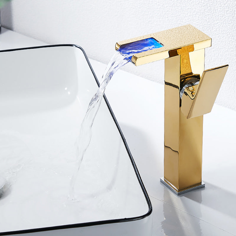 Modern LED Faucet Deck Mounted Waterfall Golden Bathroom Faucet Clearhalo 'Bathroom Remodel & Bathroom Fixtures' 'Bathroom Sink Faucets' 'Bathroom Sinks & Faucet Components' 'bathroom_sink_faucets' 'Home Improvement' 'home_improvement' 'home_improvement_bathroom_sink_faucets' 7279451