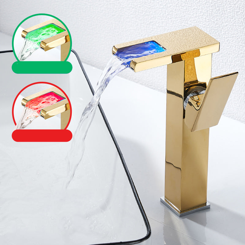 Modern LED Faucet Deck Mounted Waterfall Golden Bathroom Faucet 9.4" Led Lights Included Clearhalo 'Bathroom Remodel & Bathroom Fixtures' 'Bathroom Sink Faucets' 'Bathroom Sinks & Faucet Components' 'bathroom_sink_faucets' 'Home Improvement' 'home_improvement' 'home_improvement_bathroom_sink_faucets' 7279452