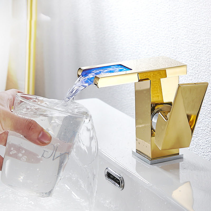 Modern LED Faucet Deck Mounted Waterfall Golden Bathroom Faucet Clearhalo 'Bathroom Remodel & Bathroom Fixtures' 'Bathroom Sink Faucets' 'Bathroom Sinks & Faucet Components' 'bathroom_sink_faucets' 'Home Improvement' 'home_improvement' 'home_improvement_bathroom_sink_faucets' 7279454