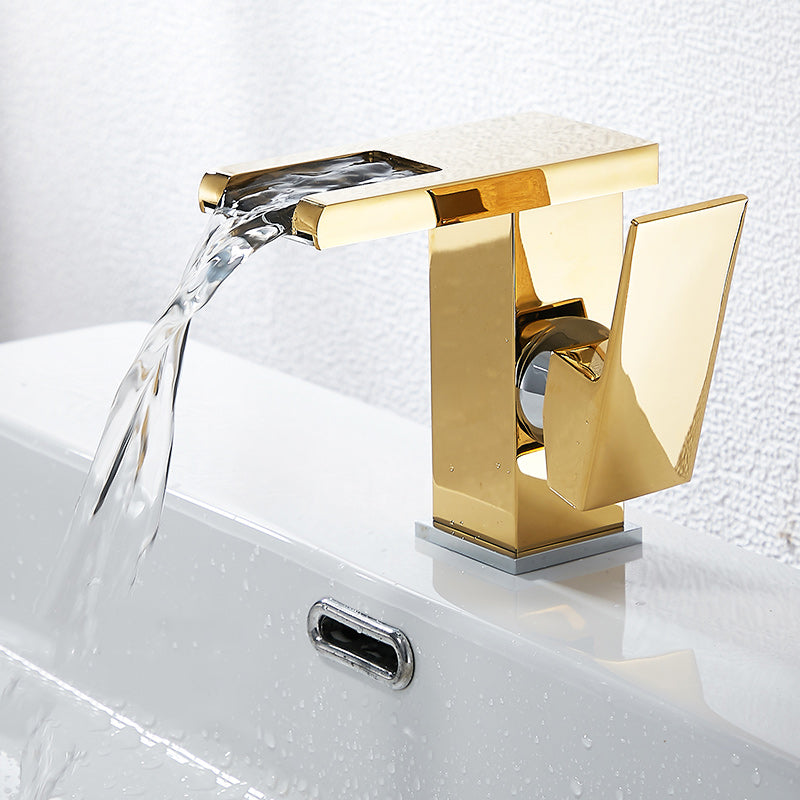 Modern LED Faucet Deck Mounted Waterfall Golden Bathroom Faucet 4.9" Led Lights Not Included Clearhalo 'Bathroom Remodel & Bathroom Fixtures' 'Bathroom Sink Faucets' 'Bathroom Sinks & Faucet Components' 'bathroom_sink_faucets' 'Home Improvement' 'home_improvement' 'home_improvement_bathroom_sink_faucets' 7279457