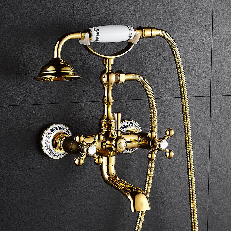 Traditional Style Tub Faucet Copper Wall-mounted Tub Faucet with Hand Shower Gold Blue and White Porcelain Clearhalo 'Bathroom Remodel & Bathroom Fixtures' 'Bathtub Faucets' 'bathtub_faucets' 'Home Improvement' 'home_improvement' 'home_improvement_bathtub_faucets' 7279684