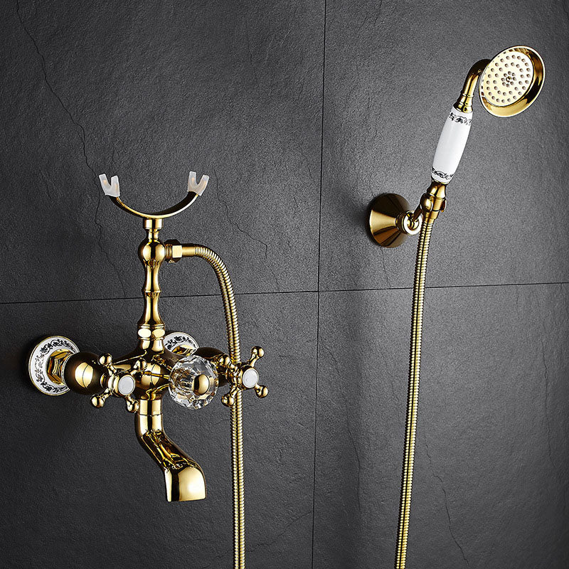 Traditional Style Tub Faucet Copper Wall-mounted Tub Faucet with Hand Shower Gold-White Blue and White Porcelain with Wall Mounted Clearhalo 'Bathroom Remodel & Bathroom Fixtures' 'Bathtub Faucets' 'bathtub_faucets' 'Home Improvement' 'home_improvement' 'home_improvement_bathtub_faucets' 7279685