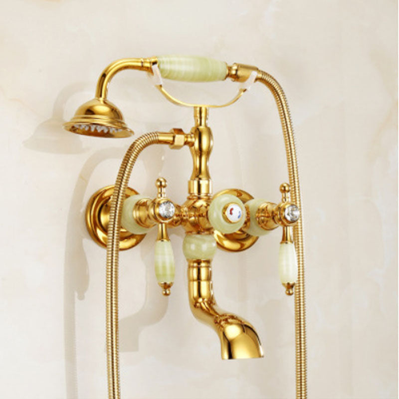 Traditional Style Tub Faucet Copper Wall-mounted Tub Faucet with Hand Shower Gold Sapphire Clearhalo 'Bathroom Remodel & Bathroom Fixtures' 'Bathtub Faucets' 'bathtub_faucets' 'Home Improvement' 'home_improvement' 'home_improvement_bathtub_faucets' 7279687
