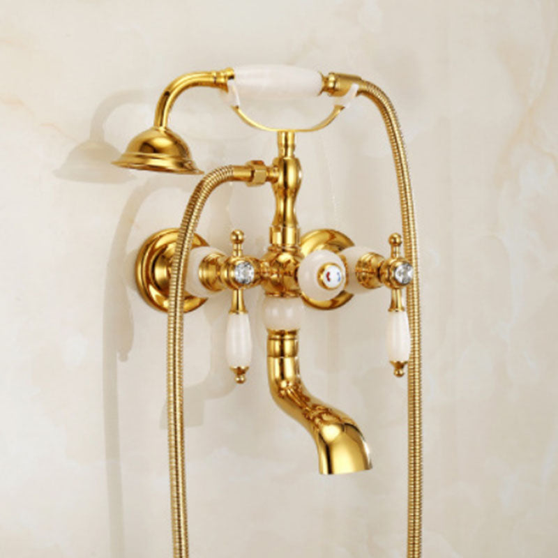 Traditional Style Tub Faucet Copper Wall-mounted Tub Faucet with Hand Shower Gold White Jade Clearhalo 'Bathroom Remodel & Bathroom Fixtures' 'Bathtub Faucets' 'bathtub_faucets' 'Home Improvement' 'home_improvement' 'home_improvement_bathtub_faucets' 7279688