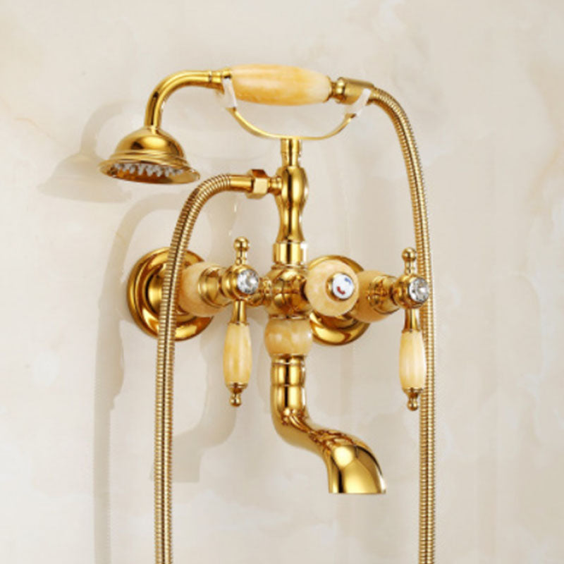 Traditional Style Tub Faucet Copper Wall-mounted Tub Faucet with Hand Shower Gold Topaz Clearhalo 'Bathroom Remodel & Bathroom Fixtures' 'Bathtub Faucets' 'bathtub_faucets' 'Home Improvement' 'home_improvement' 'home_improvement_bathtub_faucets' 7279690