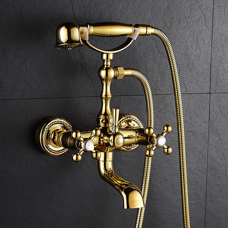 Traditional Style Tub Faucet Copper Wall-mounted Tub Faucet with Hand Shower Gold Ears Clearhalo 'Bathroom Remodel & Bathroom Fixtures' 'Bathtub Faucets' 'bathtub_faucets' 'Home Improvement' 'home_improvement' 'home_improvement_bathtub_faucets' 7279693