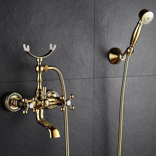 Traditional Style Tub Faucet Copper Wall-mounted Tub Faucet with Hand Shower Clearhalo 'Bathroom Remodel & Bathroom Fixtures' 'Bathtub Faucets' 'bathtub_faucets' 'Home Improvement' 'home_improvement' 'home_improvement_bathtub_faucets' 7279694