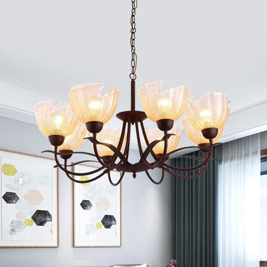 Yellow Water Glass Black Chandelier Light Bowl 8 Lights Countryside Hanging Pendant with Swirl Arm Clearhalo 'Ceiling Lights' 'Chandeliers' 'Glass shade' 'Glass' 'Pendant Lights' Lighting' 727975