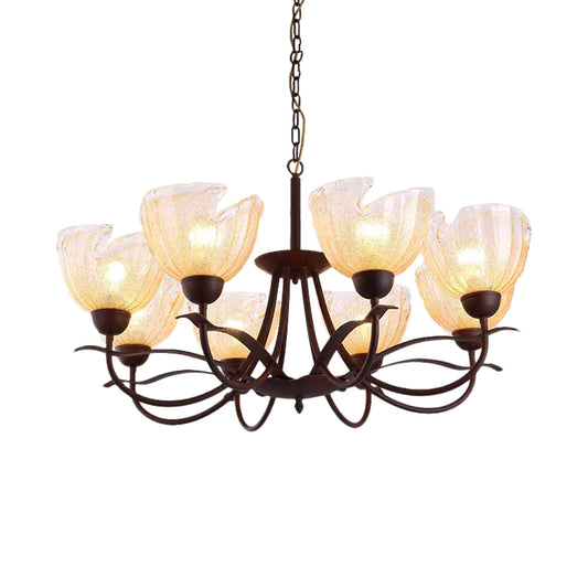Yellow Water Glass Black Chandelier Light Bowl 8 Lights Countryside Hanging Pendant with Swirl Arm Clearhalo 'Ceiling Lights' 'Chandeliers' 'Glass shade' 'Glass' 'Pendant Lights' Lighting' 727976
