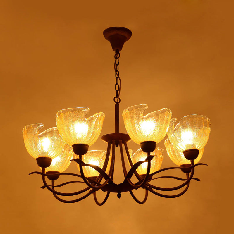 Yellow Water Glass Black Chandelier Light Bowl 8 Lights Countryside Hanging Pendant with Swirl Arm Clearhalo 'Ceiling Lights' 'Chandeliers' 'Glass shade' 'Glass' 'Pendant Lights' Lighting' 727977
