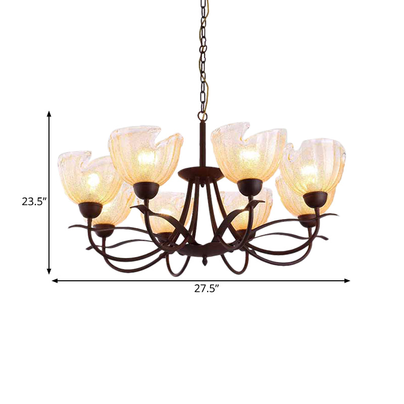 Yellow Water Glass Black Chandelier Light Bowl 8 Lights Countryside Hanging Pendant with Swirl Arm Clearhalo 'Ceiling Lights' 'Chandeliers' 'Glass shade' 'Glass' 'Pendant Lights' Lighting' 727978