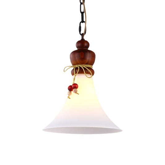 Opal Glass Brown Suspension Lamp Flared 1 Light Rustic Style Pendant Ceiling Light with Wooden Cap Clearhalo 'Ceiling Lights' 'Pendant Lights' 'Pendants' Lighting' 728047