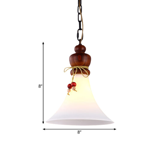 Opal Glass Brown Suspension Lamp Flared 1 Light Rustic Style Pendant Ceiling Light with Wooden Cap Clearhalo 'Ceiling Lights' 'Pendant Lights' 'Pendants' Lighting' 728048