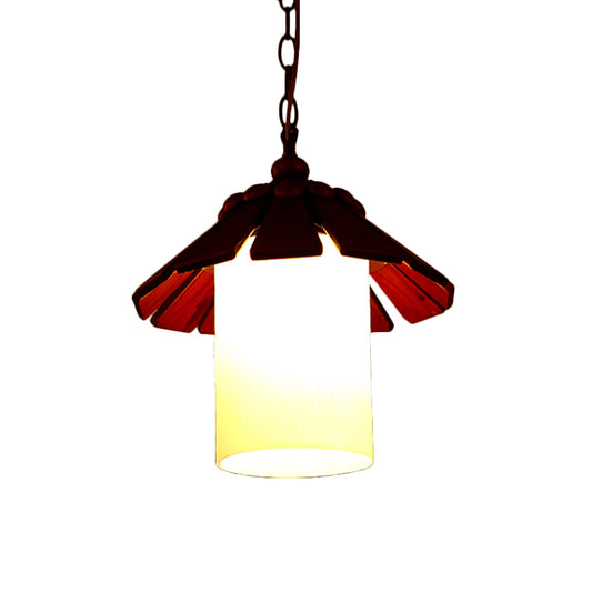 Rural Cylinder Hanging Light Kit 1 Light Cream Glass Suspension Pendant in Brown with Conical Wood Shade Clearhalo 'Ceiling Lights' 'Pendant Lights' 'Pendants' Lighting' 728051