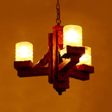 Cylinder Dining Room Pendant Chandelier Rustic Yellow Dimpled Glass 3 Lights Brown Hanging Lighting with Wood Arm Clearhalo 'Ceiling Lights' 'Chandeliers' Lighting' options 728077