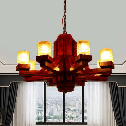 Brown Sputnik Hanging Chandelier Rustic Wood 8 Lights Living Room Ceiling Fixture with Cylinder Dimpled Glass Shade Brown Clearhalo 'Ceiling Lights' 'Chandeliers' Lighting' options 728084_076faade-e8b9-4672-8f94-252c1438fcba