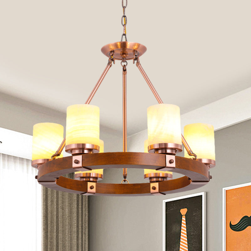 Classic Cylinder Chandelier Light 6/8/10 Heads Marble Ceiling Pendant in Brown with Wood Circular Design 6 Brown Clearhalo 'Ceiling Lights' 'Chandeliers' Lighting' options 728112_b7771cb9-c0b3-4f2f-8c7f-c36c02572988