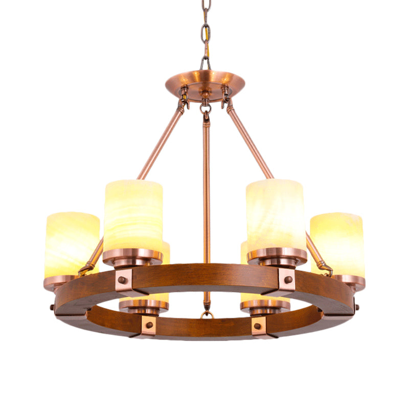 Classic Cylinder Chandelier Light 6/8/10 Heads Marble Ceiling Pendant in Brown with Wood Circular Design Clearhalo 'Ceiling Lights' 'Chandeliers' Lighting' options 728115