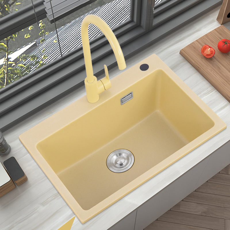 Quartz Kitchen Sink Yellow Single Bowl Kitchen Sink with Drain Assembly 24"L x 18"W x 9"H Sink with Faucet Big Curved Faucet Clearhalo 'Home Improvement' 'home_improvement' 'home_improvement_kitchen_sinks' 'Kitchen Remodel & Kitchen Fixtures' 'Kitchen Sinks & Faucet Components' 'Kitchen Sinks' 'kitchen_sinks' 7281338